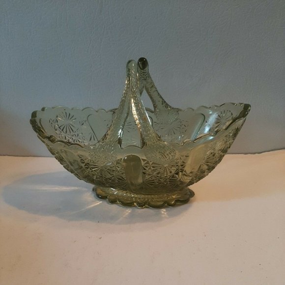 Fenton Green Glass Daisy and Button Oval Basket Split Twig Handle - Picture 2 of 11